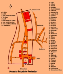 Lage der Stadt Dessau im Sechzehnten Jahrhundert frei nach Prof. Wäschke in seinem Buch Geschichte der Stadt Dessau